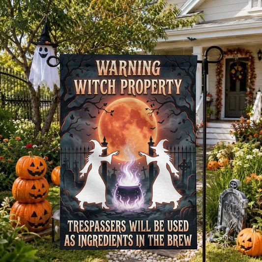 Funny Halloween Yard Decor: Warning Witch Property Garden Flag