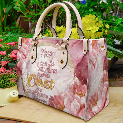 I Can Do All Things Peony Flower Christian Bible Verse Leather Handbag ID-0708-V3NO