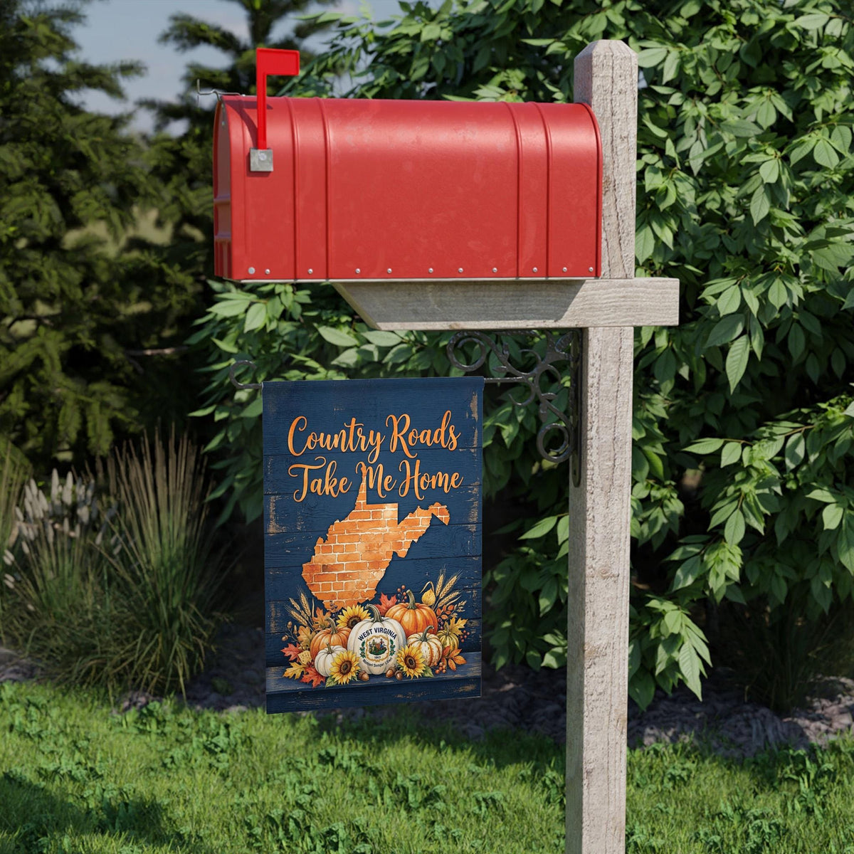 "Country Roads" West Virginia Fall Pumpkin Garden Flag