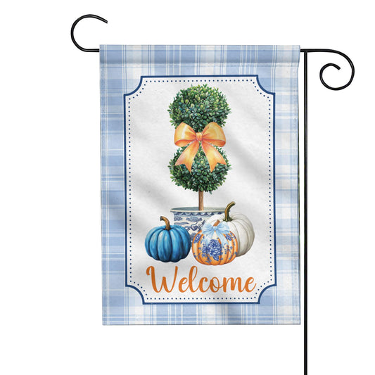 Chinoiserie Topiary Pumpkin Double-Sided Garden Flag – Preppy Blue & White Fall Decor, Grandmillennial Autumn House Flag