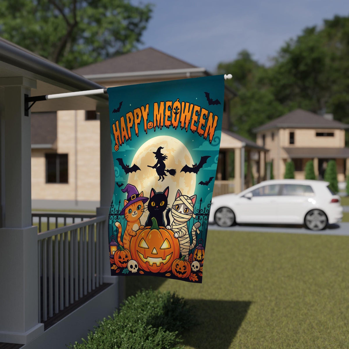Happy Meoween Garden Flag - Cute Mummy Witch Cats Halloween Yard Banner