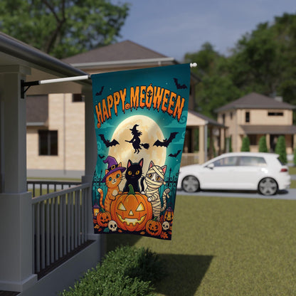 Happy Meoween Garden Flag - Cute Mummy Witch Cats Halloween Yard Banner