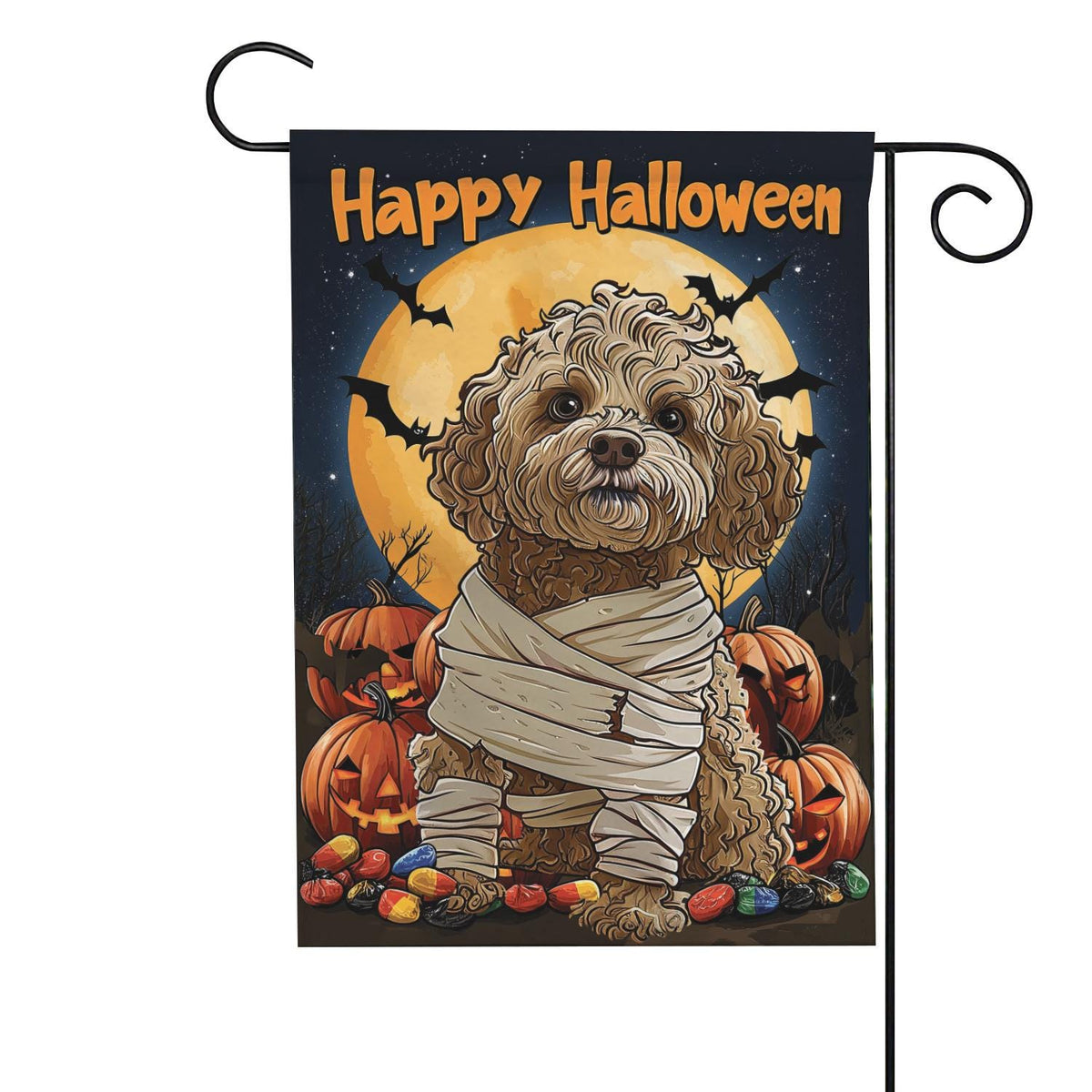 Happy Halloween Mummy Dog Garden Flag — Cute Cockapoo Fall Porch Decor