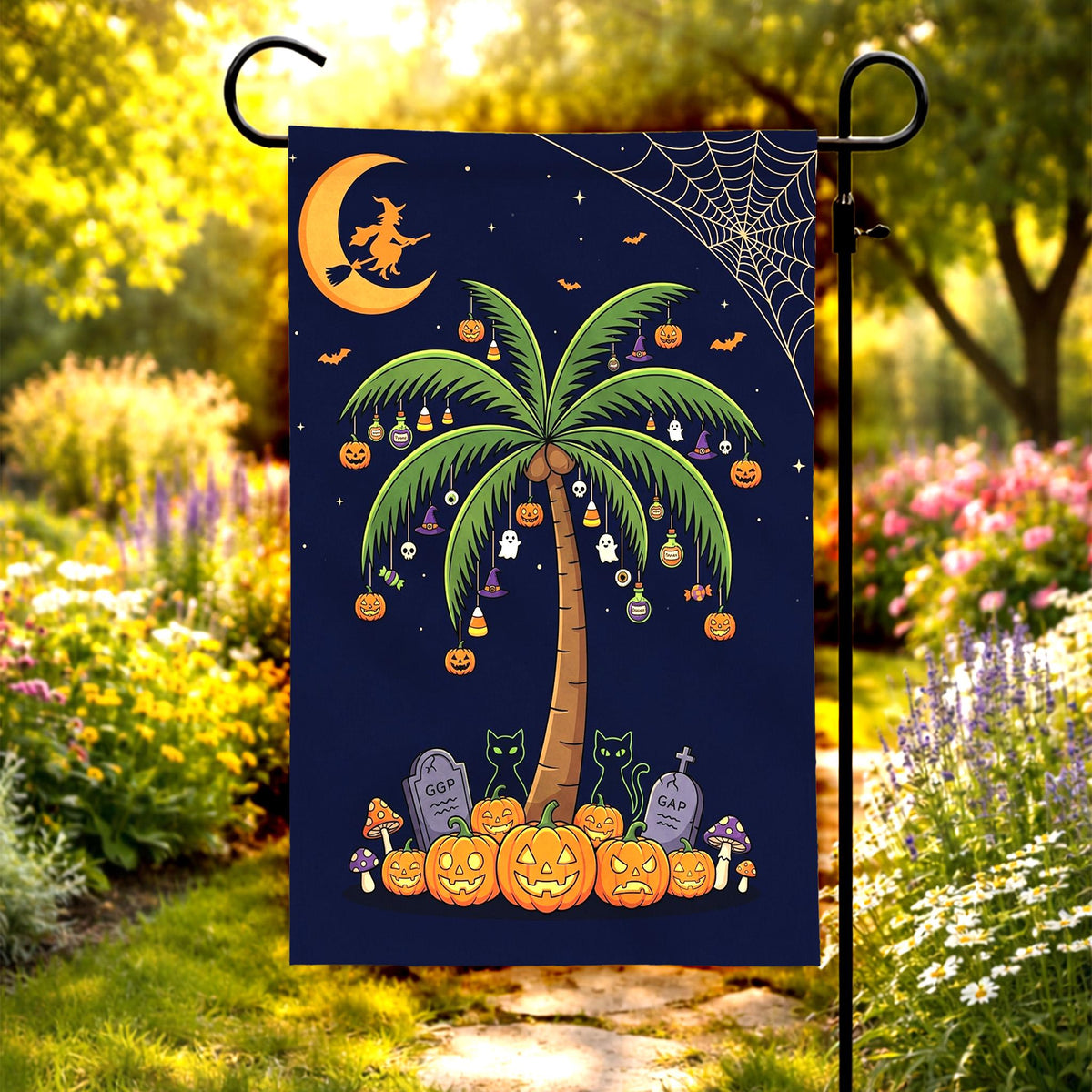 Tropical Halloween Garden Flag – Coastal Beach Fall Yard Decor, Spooky Palm Trees & Pumpkins Outdoor Porch Banner