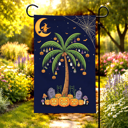 Tropical Halloween Garden Flag – Coastal Beach Fall Yard Decor, Spooky Palm Trees & Pumpkins Outdoor Porch Banner