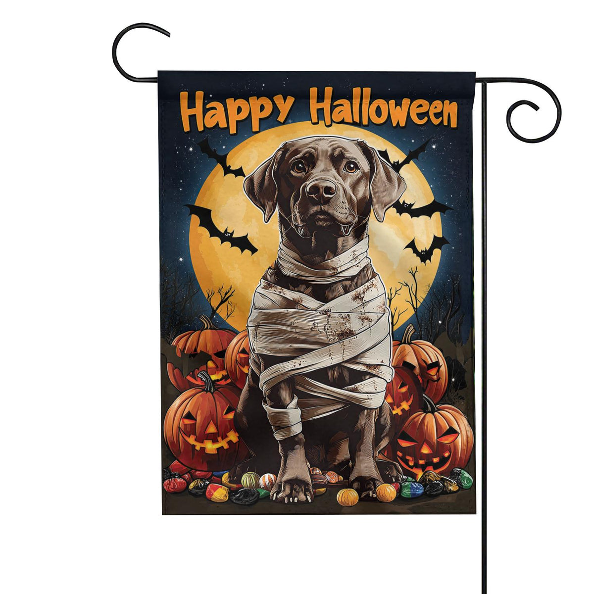 Happy Halloween Labrador Retriever Double-Sided Garden Flag – Mummy Dog & Pumpkin Yard Decor, Spooky Fall Outdoor House Banner