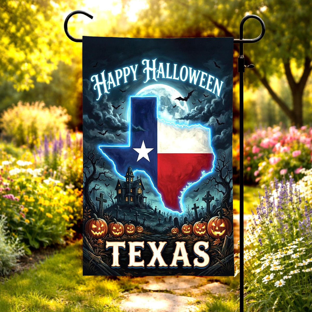 Texas Happy Halloween Garden Flag – Spooky Haunted House & Pumpkin Yard Decor, Neon Texas Fall Porch Outdoor Banner