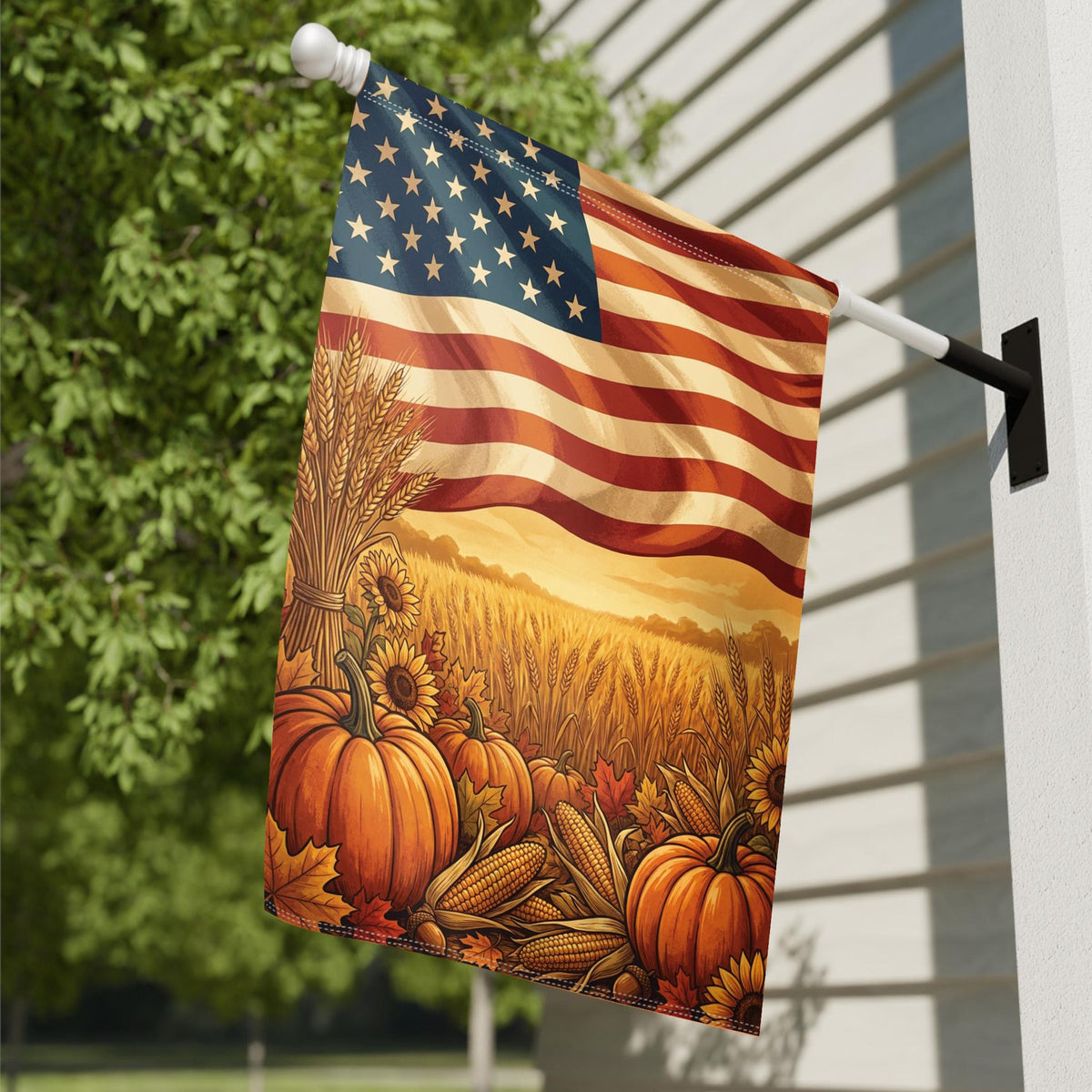 Patriotic Fall Flag: Stars, Stripes & Pumpkin Harvest Decor