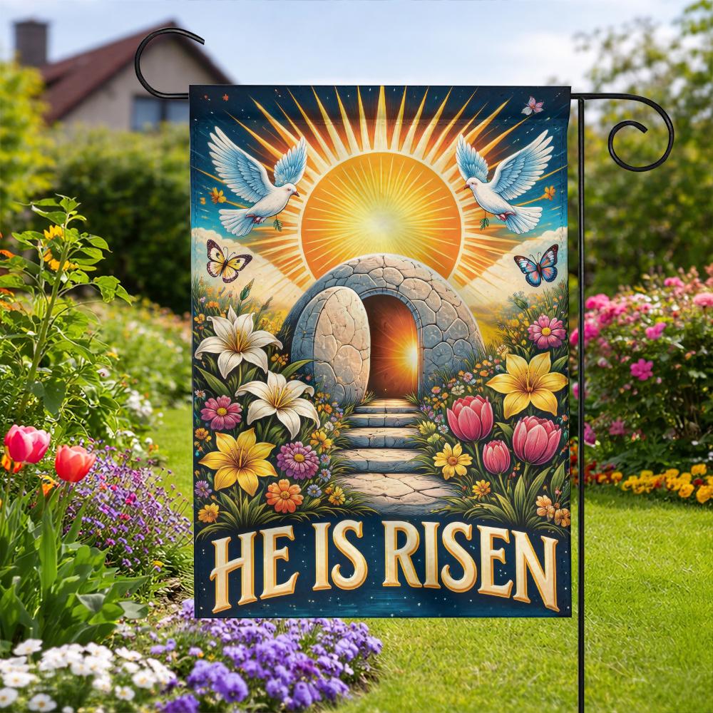 "He Is Risen" Empty Tomb Garden Flag - Christian Easter Decor