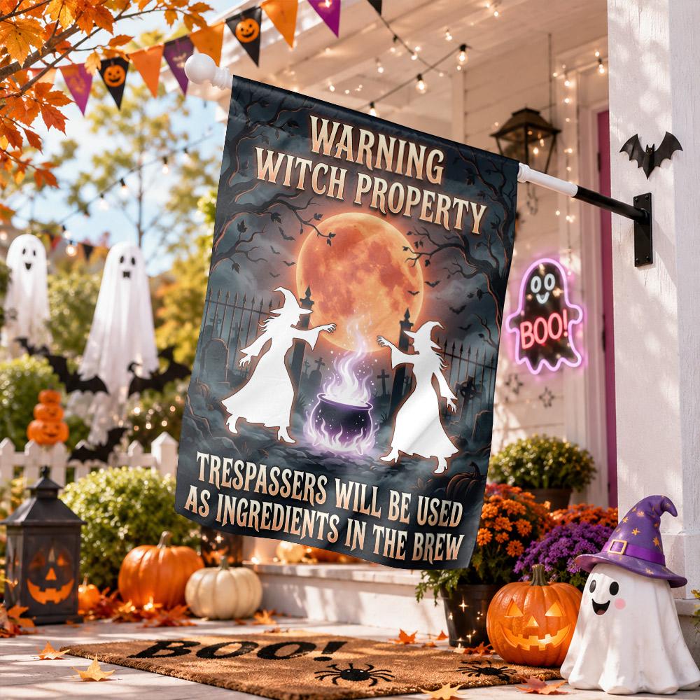 Warning Witch Property Funny Halloween Garden Flag — Spooky Cauldron Yard Decor