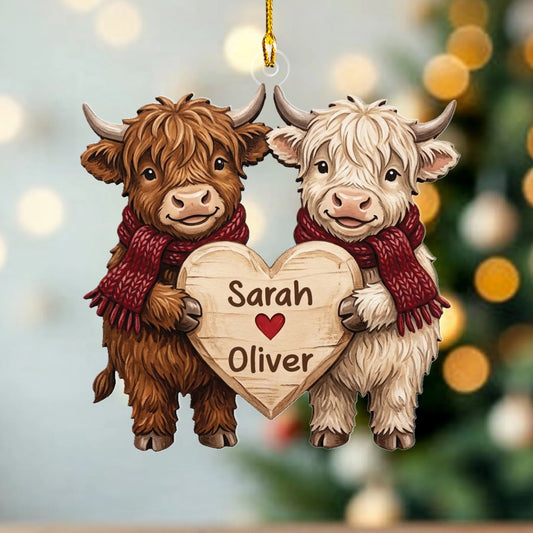 Personalized Highland Cow Couple Heart Ornament, Custom Boyfriend Gift