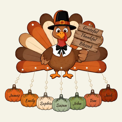 Personalized Thanksgiving turkey wooden sign with pumpkin name charms
