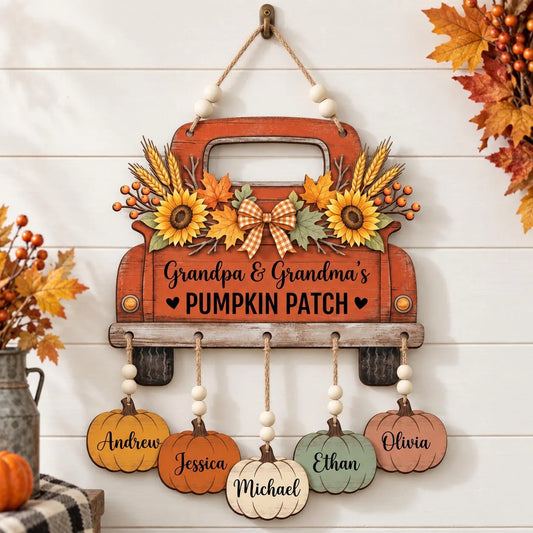 Personalized Fall Truck Pumpkin Patch Sign – Custom Family Names Wooden Hanging Sign