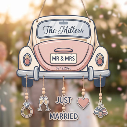 Personalized Just Married Car Sign – Custom Name & Wedding Date Wooden Hanging Sign