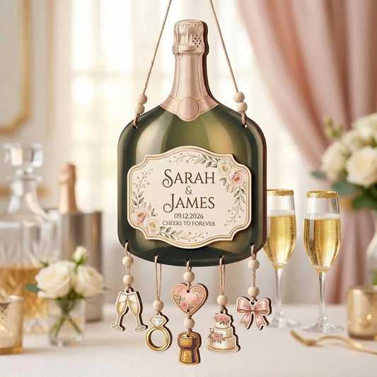 Personalized Champagne Bottle Wedding Sign – Custom Couple Names & Date Wooden Hanging Sign