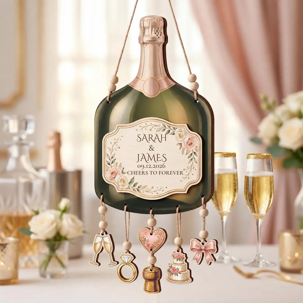 Personalized champagne bottle 2-layer wooden wedding sign with couple names and date