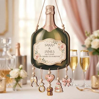 Personalized champagne bottle 2-layer wooden wedding sign with couple names and date