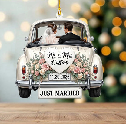 Personalized Just Married Car Ornament – Custom Mr & Mrs Name & Wedding Date Keepsake, Newlywed Christmas Gift