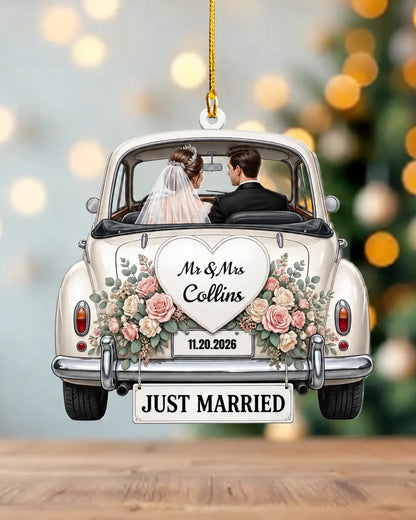 Personalized Just Married Car Ornament – Custom Mr & Mrs Name & Wedding Date Keepsake, Newlywed Christmas Gift