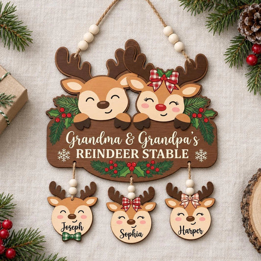 Personalized Grandma & Grandpa's Reindeer Stable Sign – Custom Grandkids Names Christmas Wooden Sign