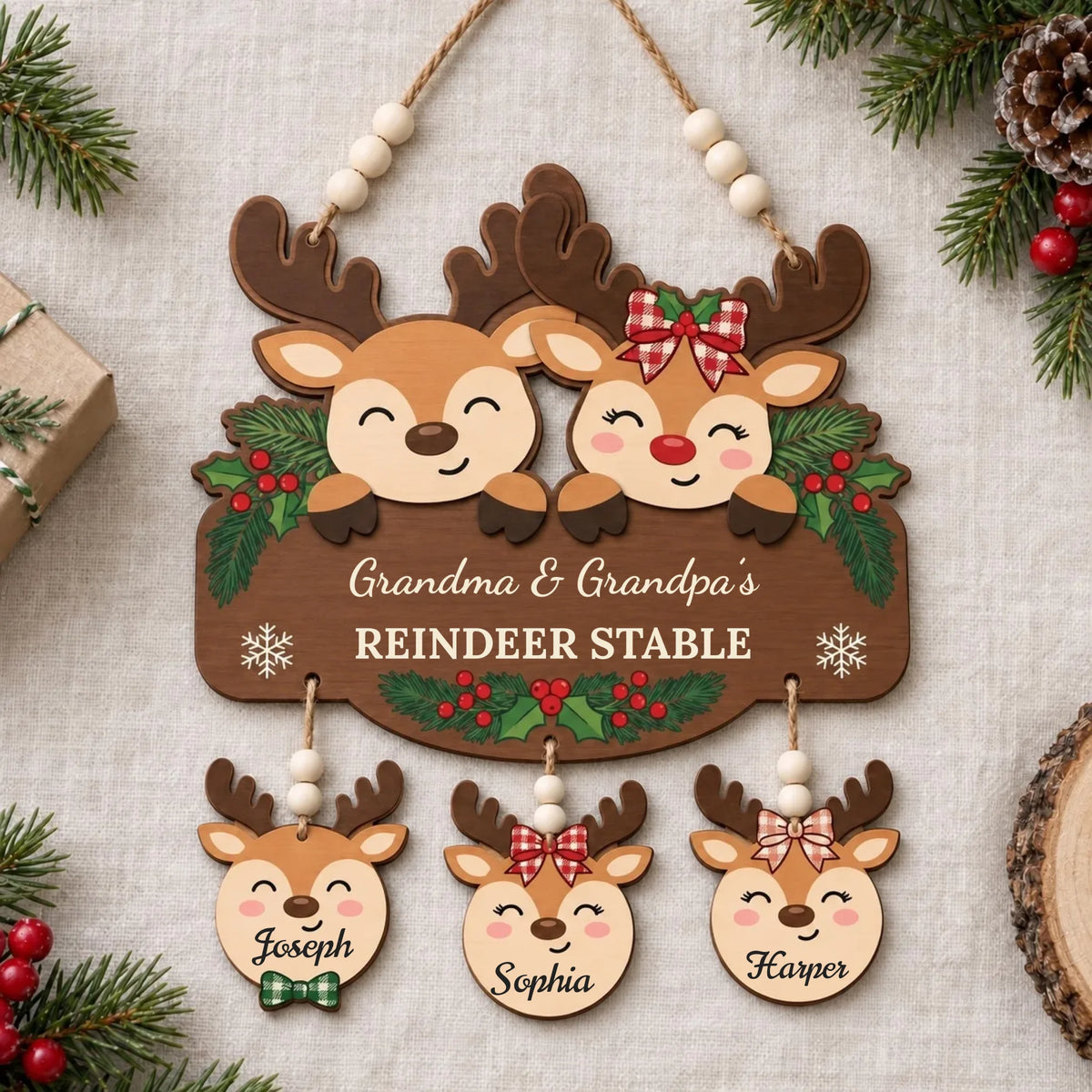 Personalized Grandma & Grandpa's Reindeer Stable 2-layer wooden sign with grandkids name charms