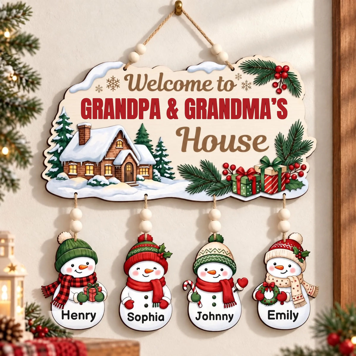 Personalized Welcome to Grandpa & Grandma's House snowman 2-layer wooden sign with grandkids name charms