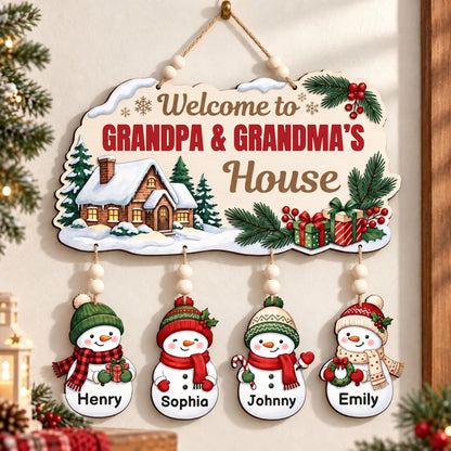 Personalized Welcome to Grandpa & Grandma's House snowman 2-layer wooden sign with grandkids name charms