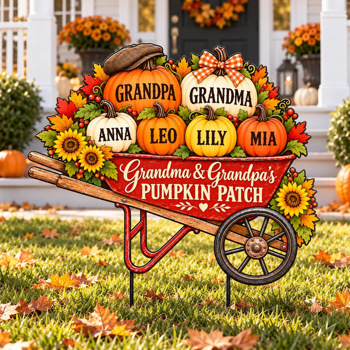 Personalized Grandma Grandpa Pumpkin Patch Yard Sign - Wheelbarrow Grandkids Names