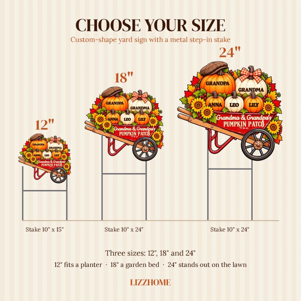Personalized pumpkin patch yard sign size chart 12, 18, 24 inch