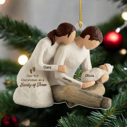 Our first Christmas as a family of three acrylic ornament on Christmas tree