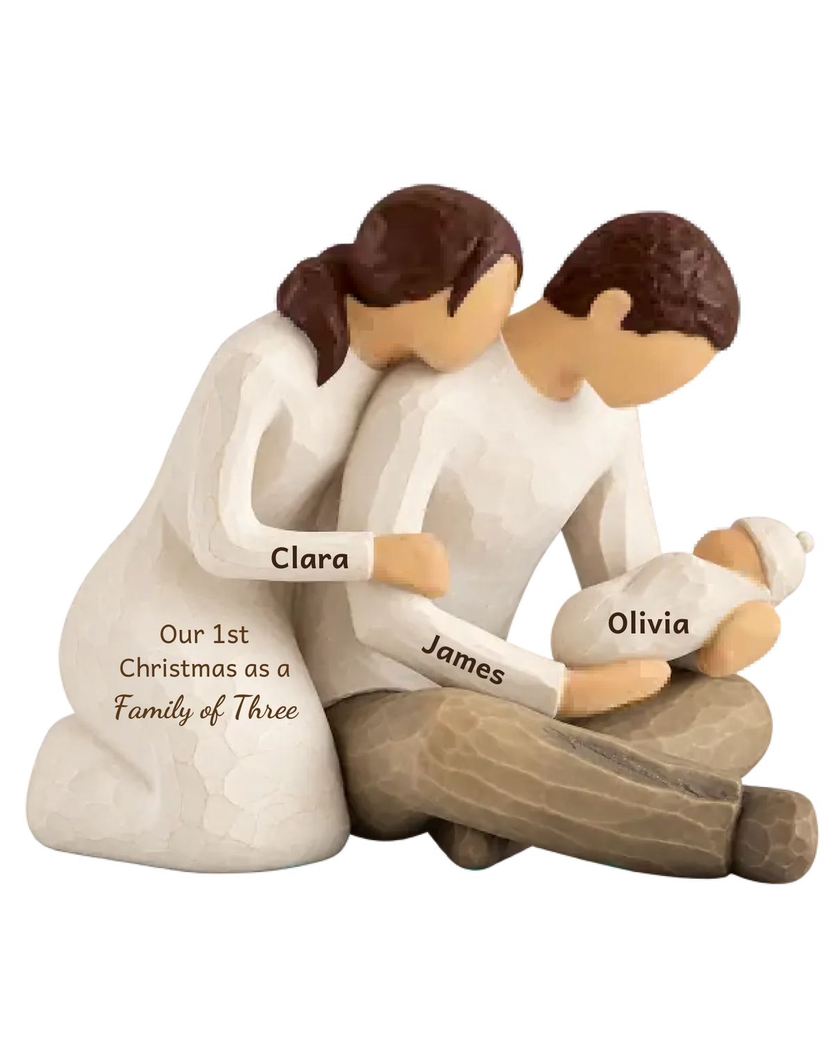 Personalized family of three first Christmas ornament live preview