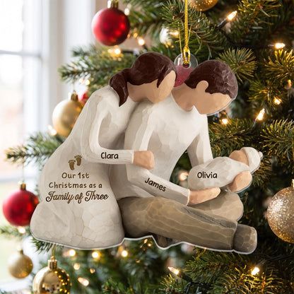 Personalized Our First Christmas Family of Three Ornament – Custom Names, Skin Tone & Hair Color Acrylic Keepsake 2026