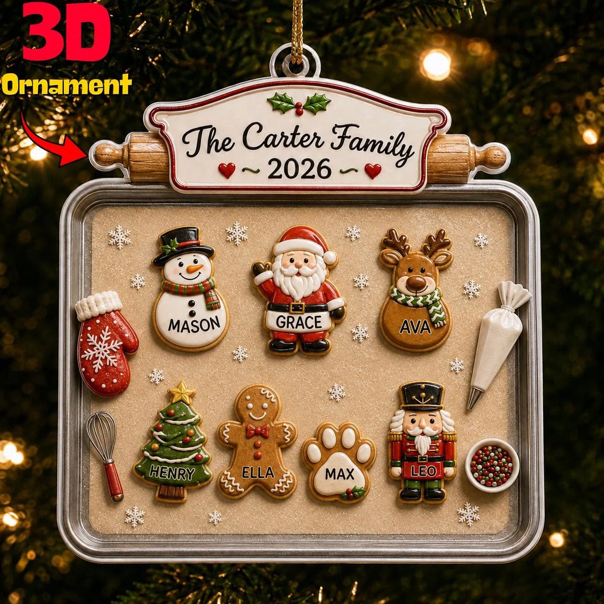 Personalized Family Christmas Cookie Tray Ornament – Custom Names & Cookie Characters, 3D Raised Acrylic Baking Keepsake