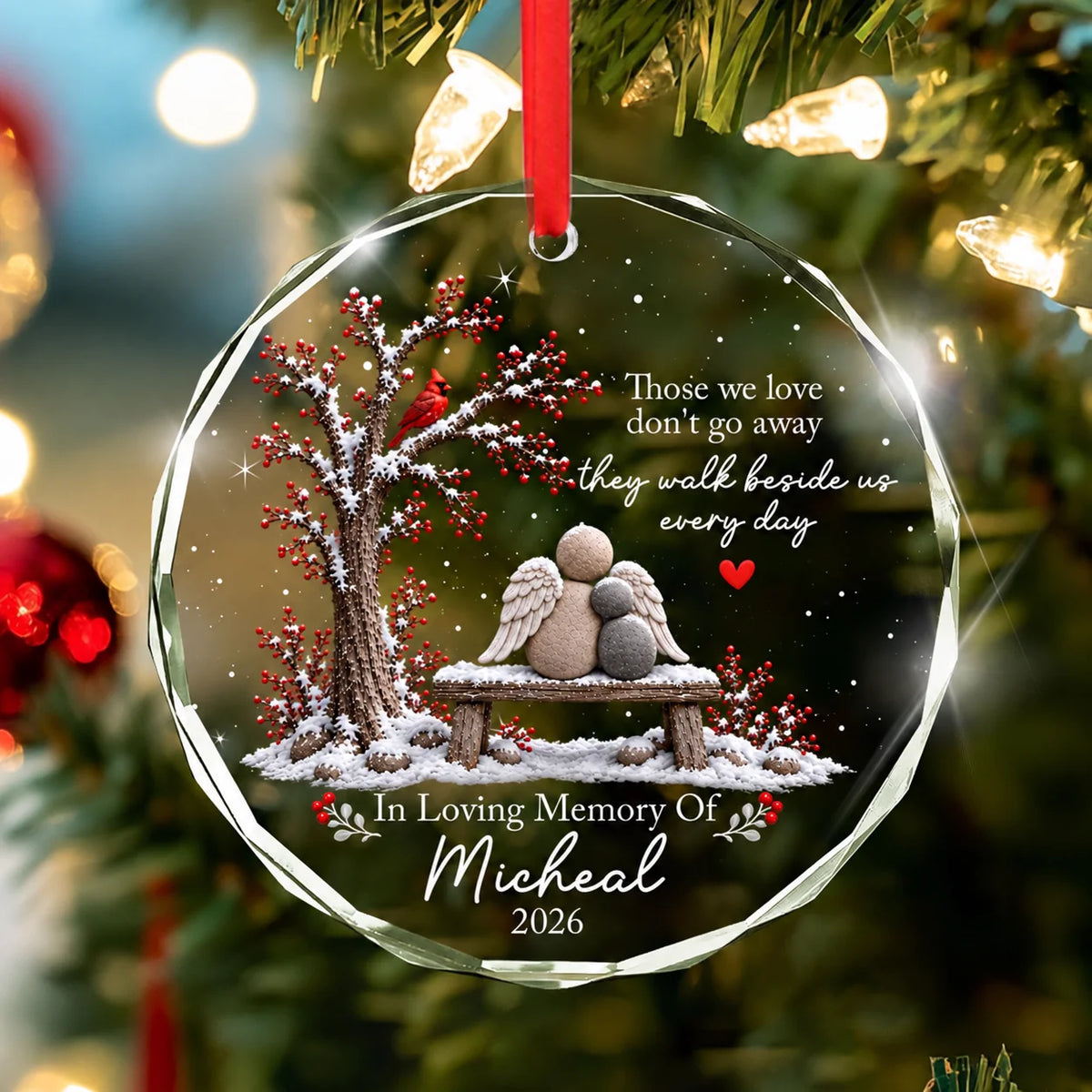 Personalized Memorial Glass Ornament – Cardinal & Angels In Loving Memory, Custom Name & Year, Crystal Christmas Keepsake
