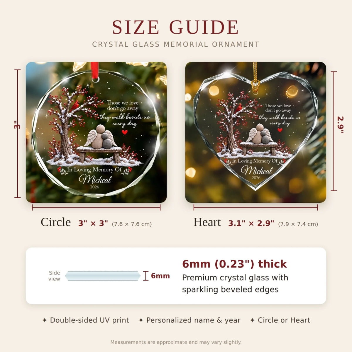 Size guide - circle 3 x 3 in, heart 3.1 x 2.9 in, 6mm thick crystal glass