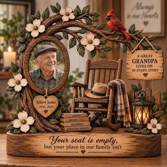 Personalized Rocking Chair Memorial Wooden Block – Your Seat Is Empty, Cardinal Tree, Custom Photo, Name & Year, Grandma Grandpa Keepsake