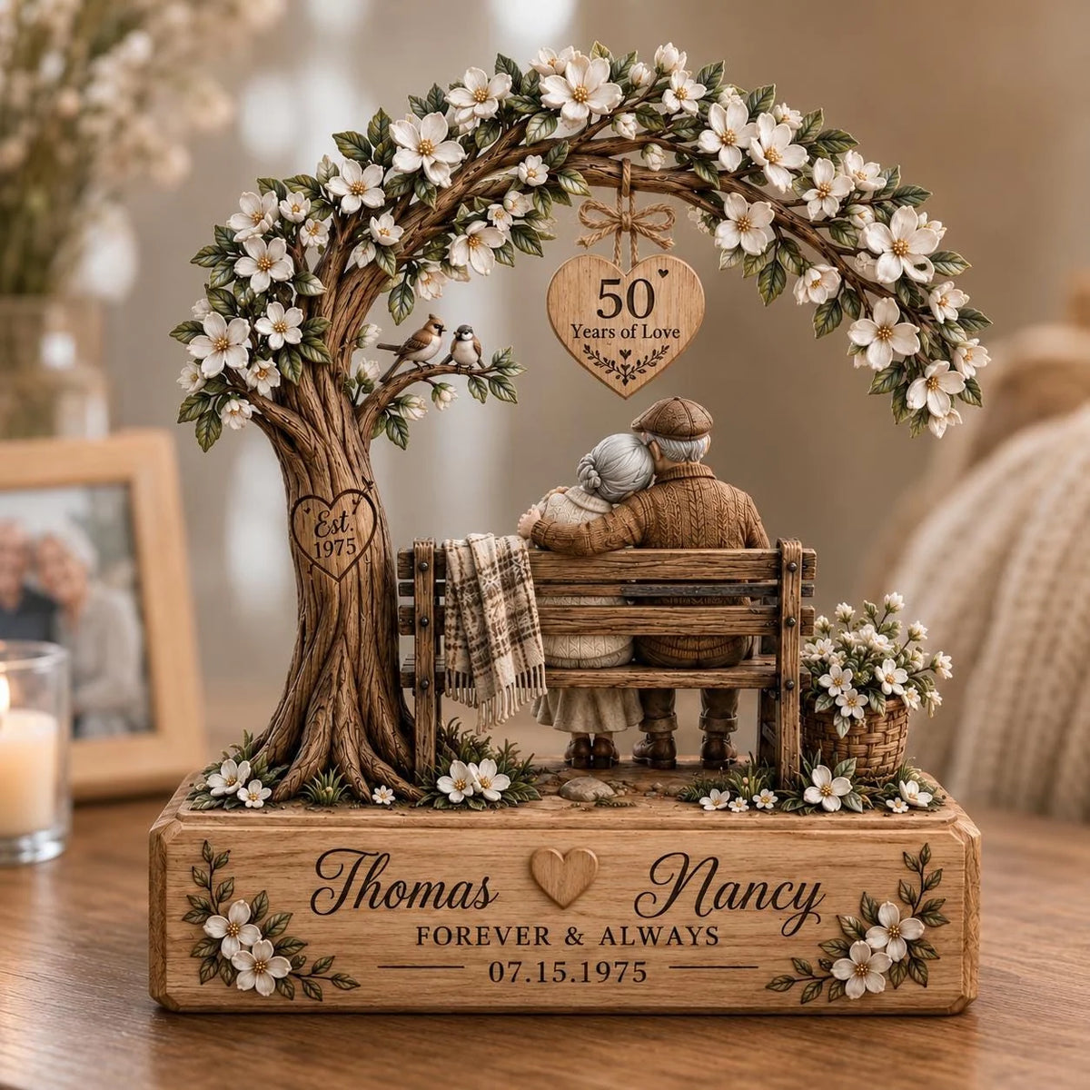 Personalized Anniversary Wooden Block – Couple on Bench Under Blossom ...