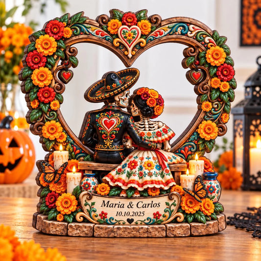 Personalized Day of the Dead Couple Wooden Block – Skeleton Couple Under Marigold Heart Arch, Names & Date, Dia de los Muertos Keepsake