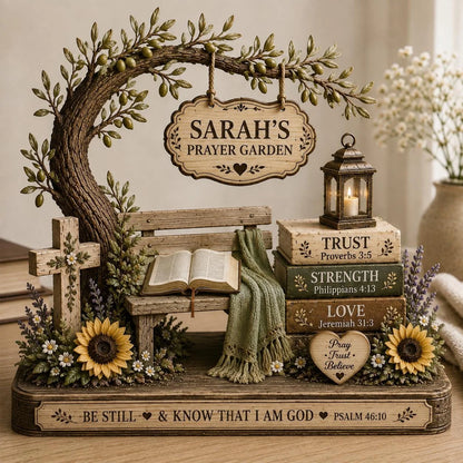 Personalized Prayer Garden Wooden Block – Custom Name Sign, Olive Tree, Bench & Bible, Be Still and Know Christian Keepsake