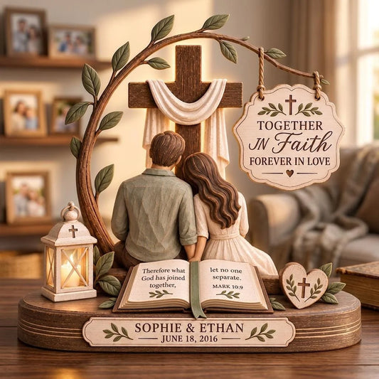 Personalized Christian Couple Wooden Block – Together in Faith Forever in Love, Names & Wedding Date, Mark 10:9 Anniversary Keepsake
