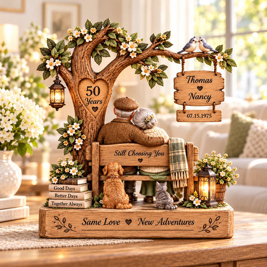 Personalized Anniversary Wooden Block – Still Choosing You Couple on Bench with Dog & Cat, Names, Years Together & Date, Same Love New Adventures Keepsake
