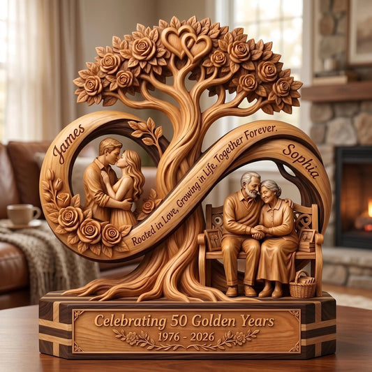 Personalized Anniversary Wooden Block – Infinity Tree of Life Couple Then & Now, Names, Years Together & Year Range, Celebrating Golden Years Keepsake