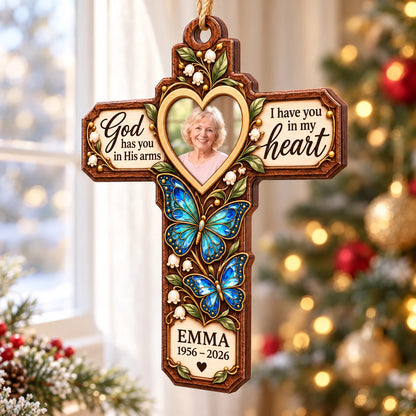 Personalized Butterfly Cross Memorial Ornament – God Has You In His Arms, I Have You In My Heart, Photo, Name & Years, 2-Sided Wooden Christmas In Heaven Keepsake