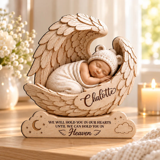 Personalized Baby Memorial Angel Wings Wooden Block – We Will Hold You In Our Hearts Until We Can Hold You In Heaven, Custom Name, Infant Loss Sympathy Keepsake