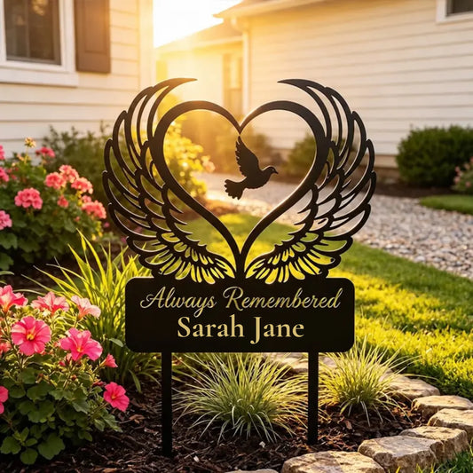 Personalized memorial garden stake angel wings heart dove Always Remembered custom name