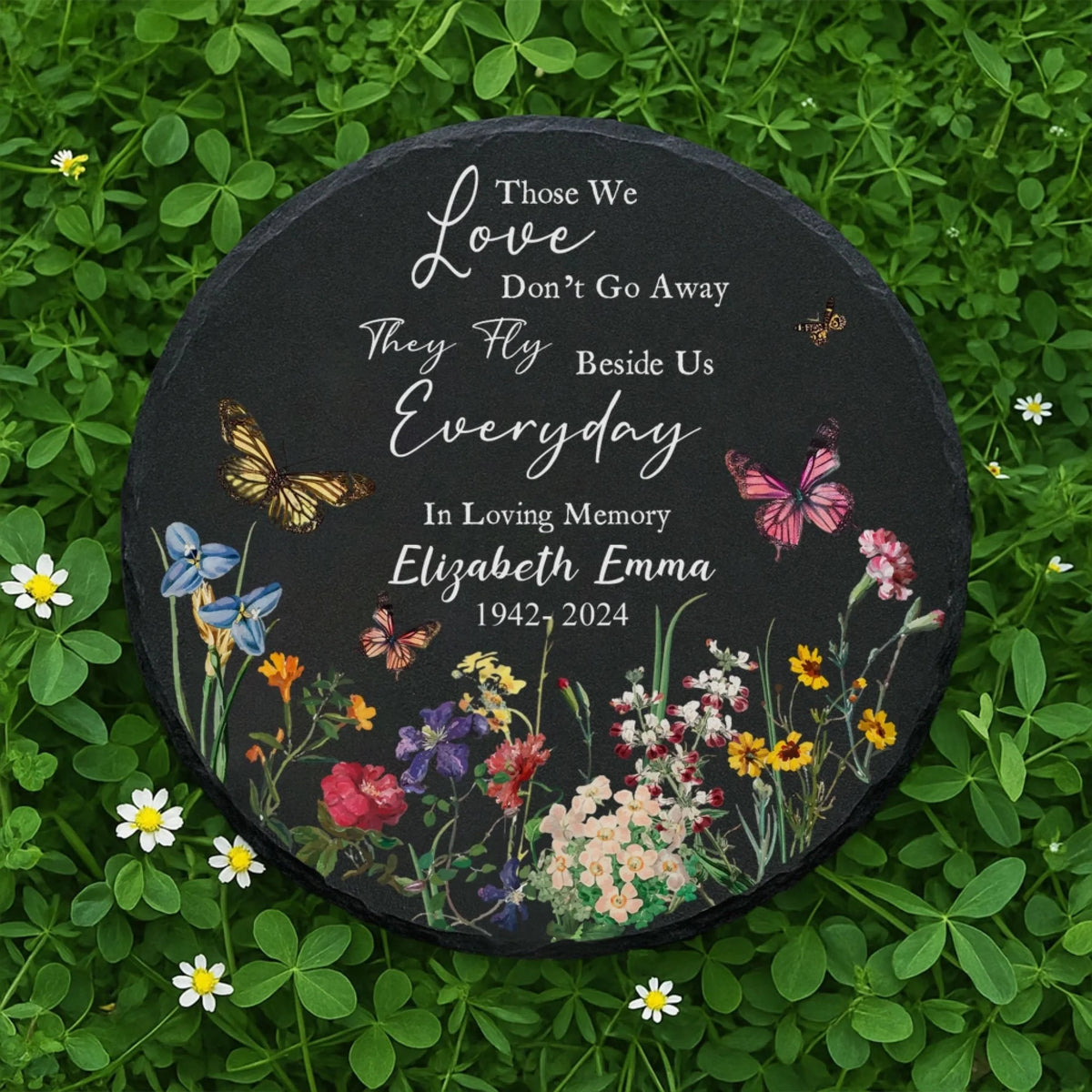 Round memorial garden stone with custom name in clover