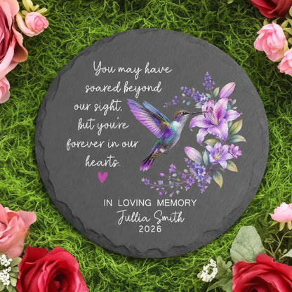 Round hummingbird memorial stone with custom name and year