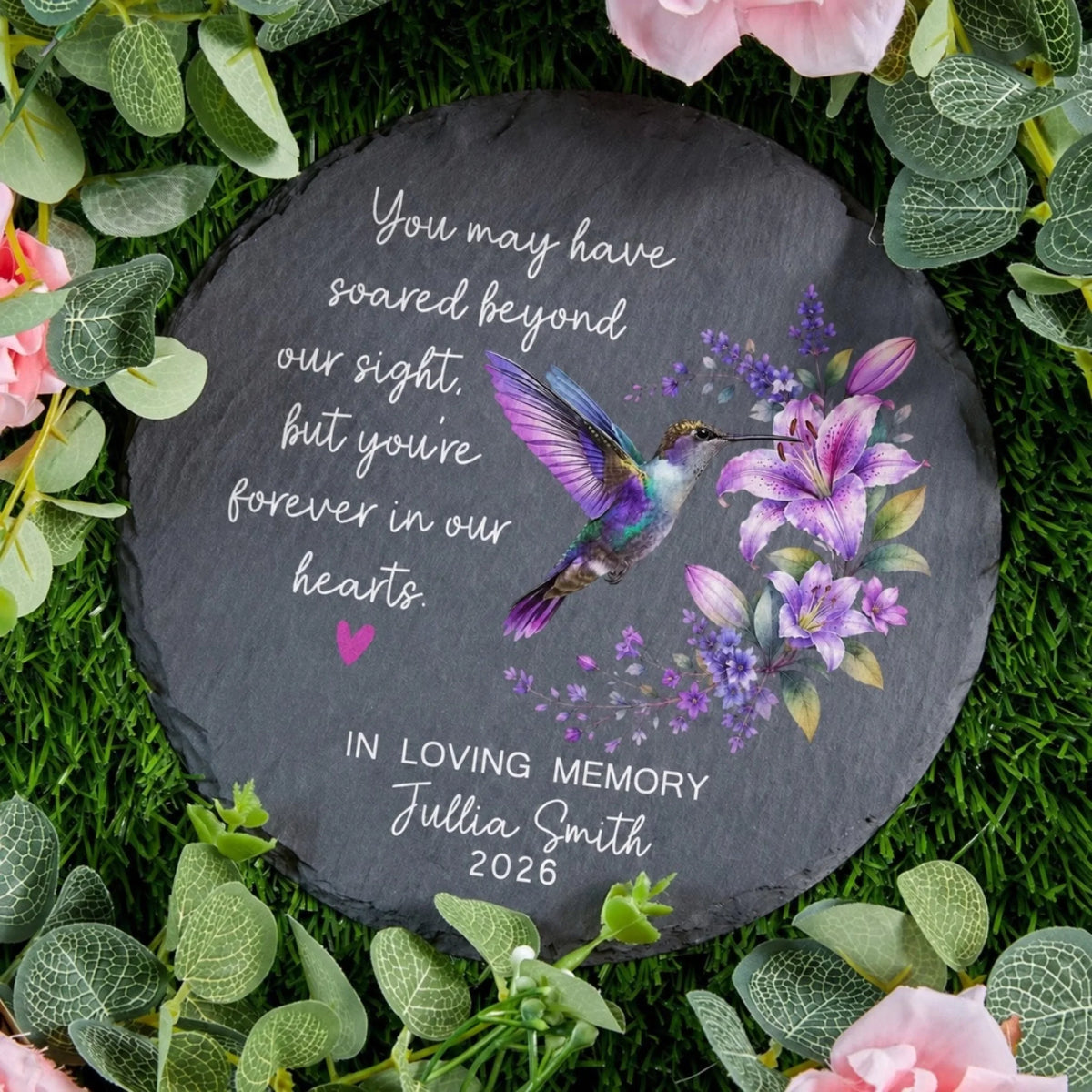 Hummingbird memorial slate in eucalyptus