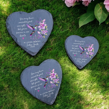Heart hummingbird memorial stones in three sizes
