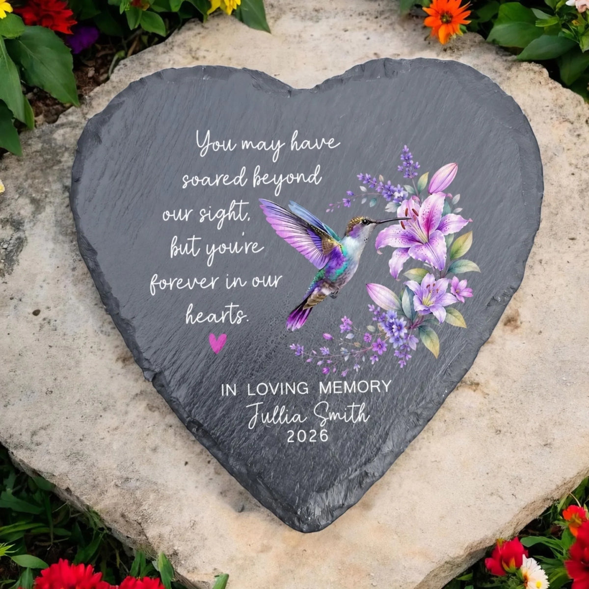 Heart hummingbird memorial stone with custom name and year